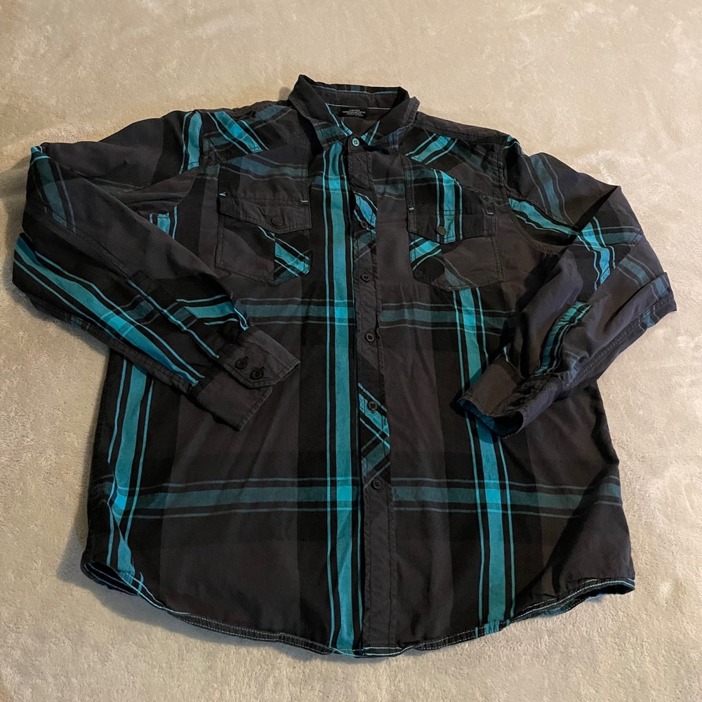 Vintage No Fear Mens Large Plaid Button‎ Down Shirt Black Teal Long Sleeve Y2K